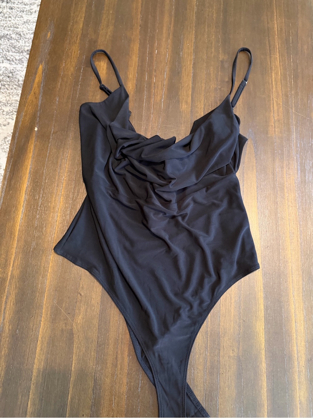 meraki Black Draped Neck Bodysuit with Tie Back
